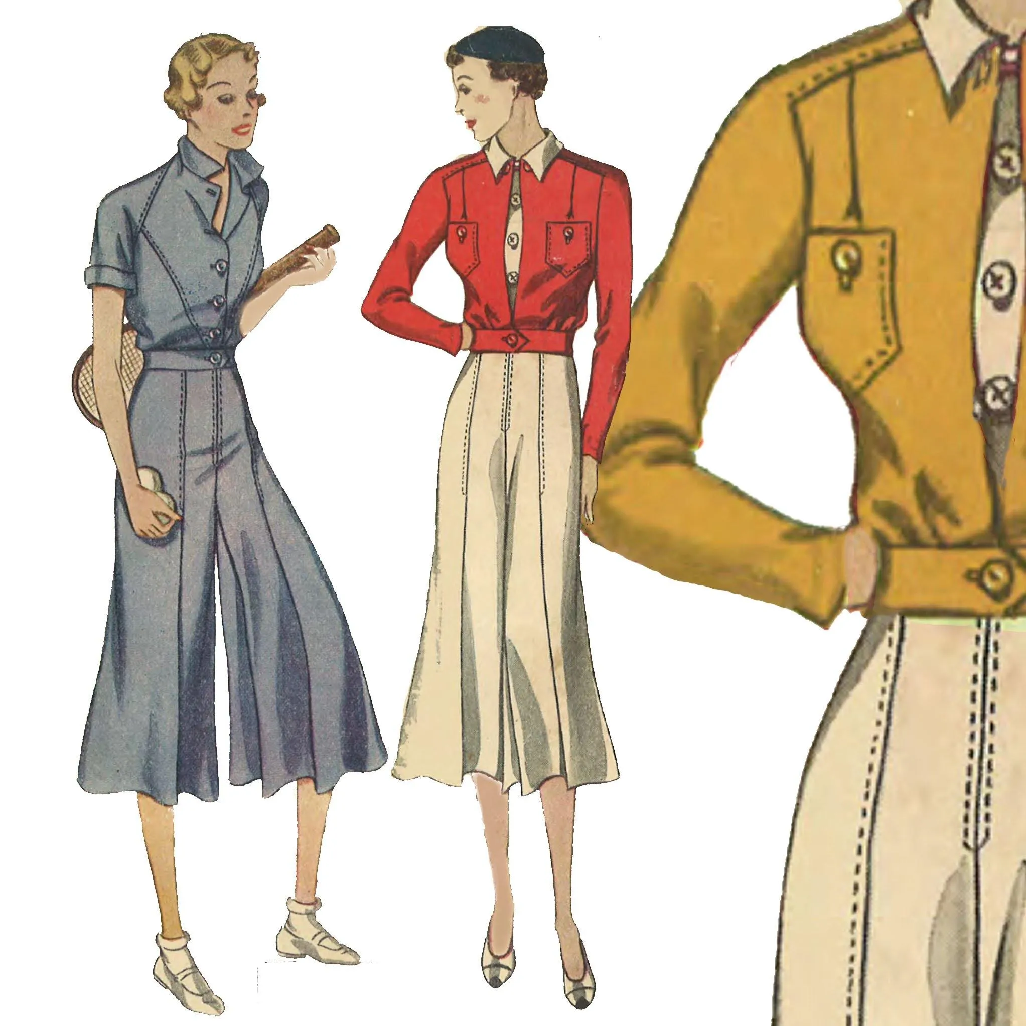 1930's Pattern, Women's Blouse, Split Skirt Culottes & Land-girl Jacket - Bust 32" (81.3cm)