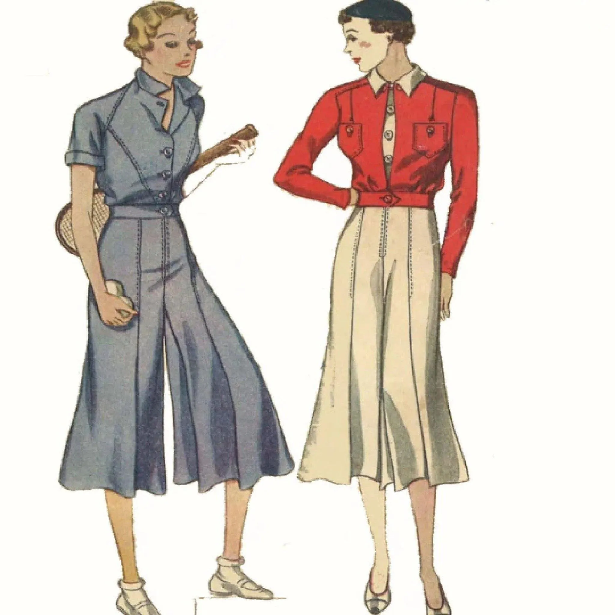 1930's Pattern, Women's Blouse, Split Skirt Culottes & Land-girl Jacket - Bust 32" (81.3cm)