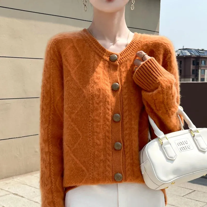 1pc Autumn Winter New Thick Sweater For Women 100% Merino Wool Cardigan O-Neck Long Sleeve Twist Flower Warm Cashmere Knitwear Tops