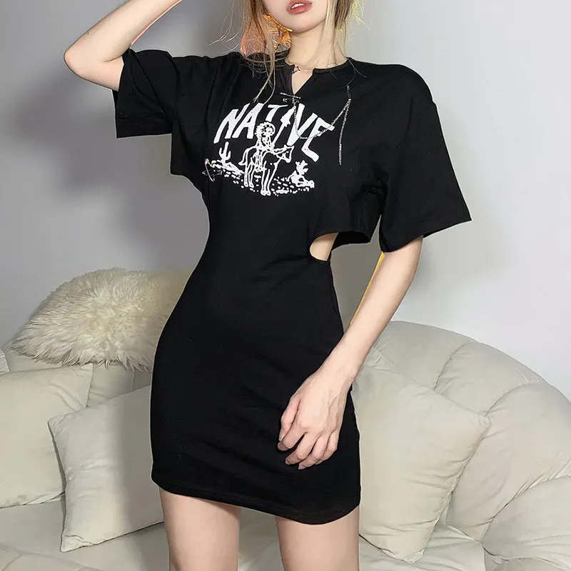 2022 slim high waist hollow cut mini dress prints hollow safety pins chains deco