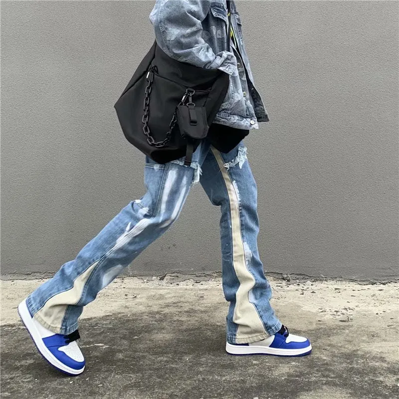 2023 Y2K Patchwork Washed Blue Baggy Flare Jeans Pants Men Clothing Straight Loose Vintage Old Denim Trousers Pantalones Hombre