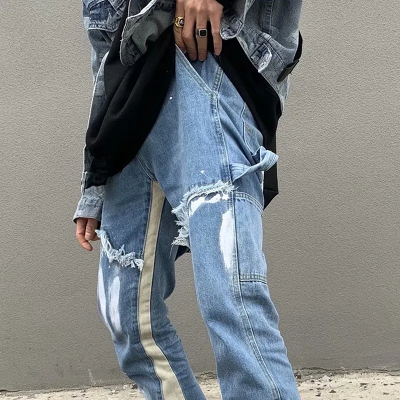 2023 Y2K Patchwork Washed Blue Baggy Flare Jeans Pants Men Clothing Straight Loose Vintage Old Denim Trousers Pantalones Hombre