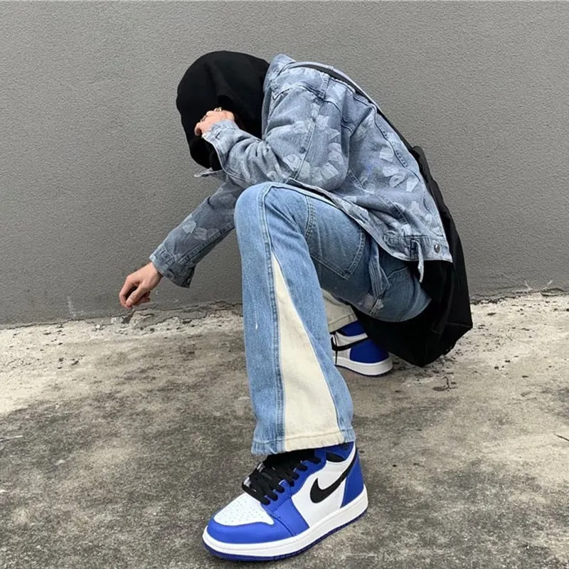 2023 Y2K Patchwork Washed Blue Baggy Flare Jeans Pants Men Clothing Straight Loose Vintage Old Denim Trousers Pantalones Hombre