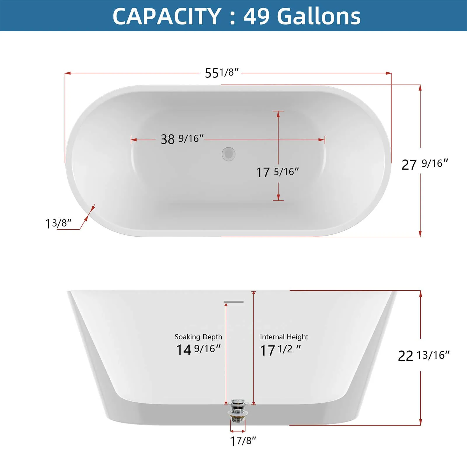 55" Flat-Bottom Acrylic Bathtub