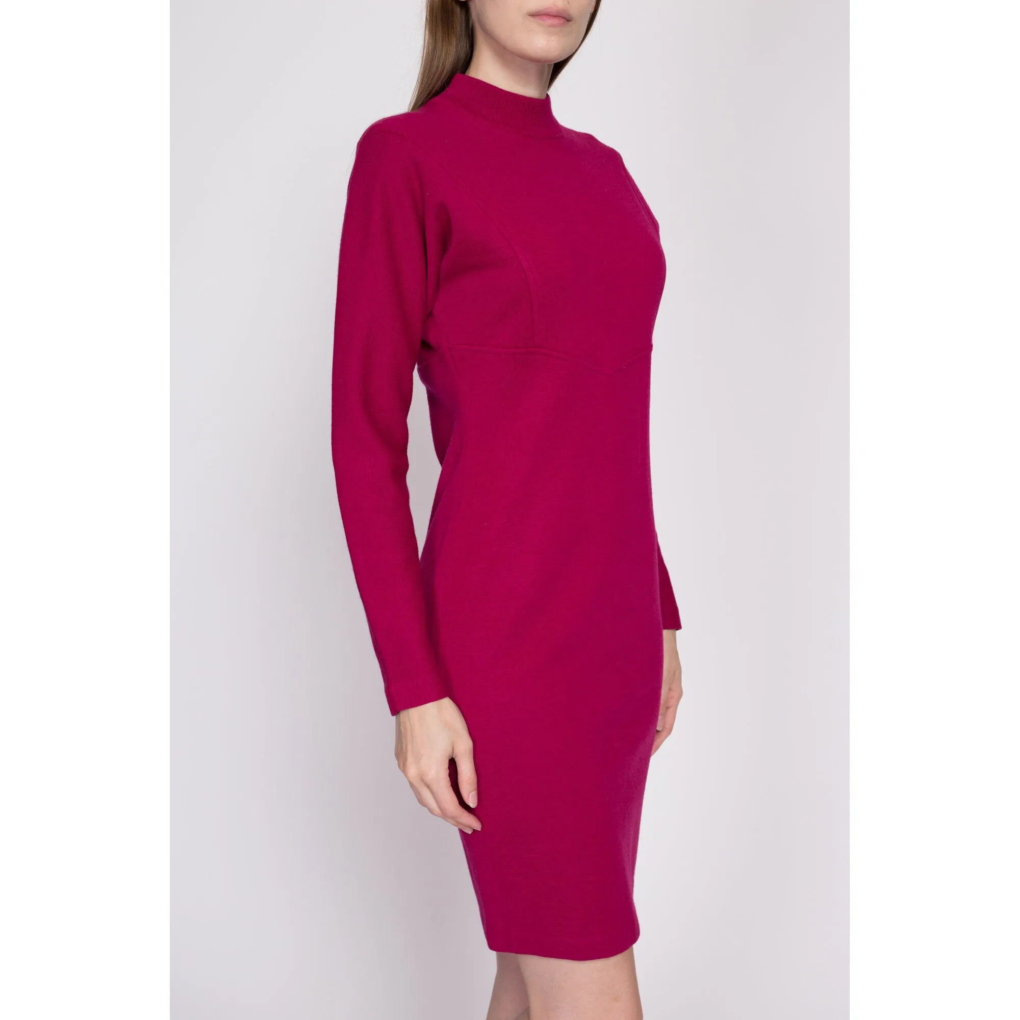 80s Magenta Knit Mini Sweater Dress - Small