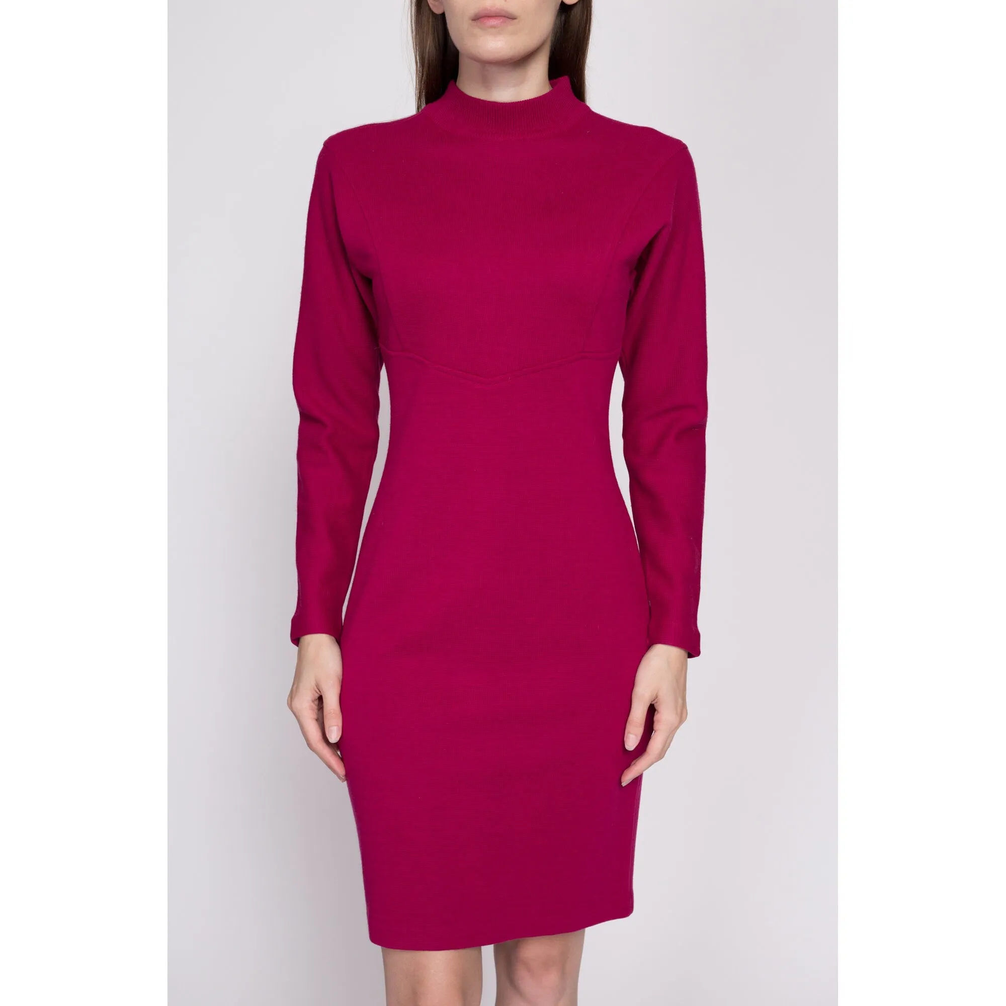 80s Magenta Knit Mini Sweater Dress - Small