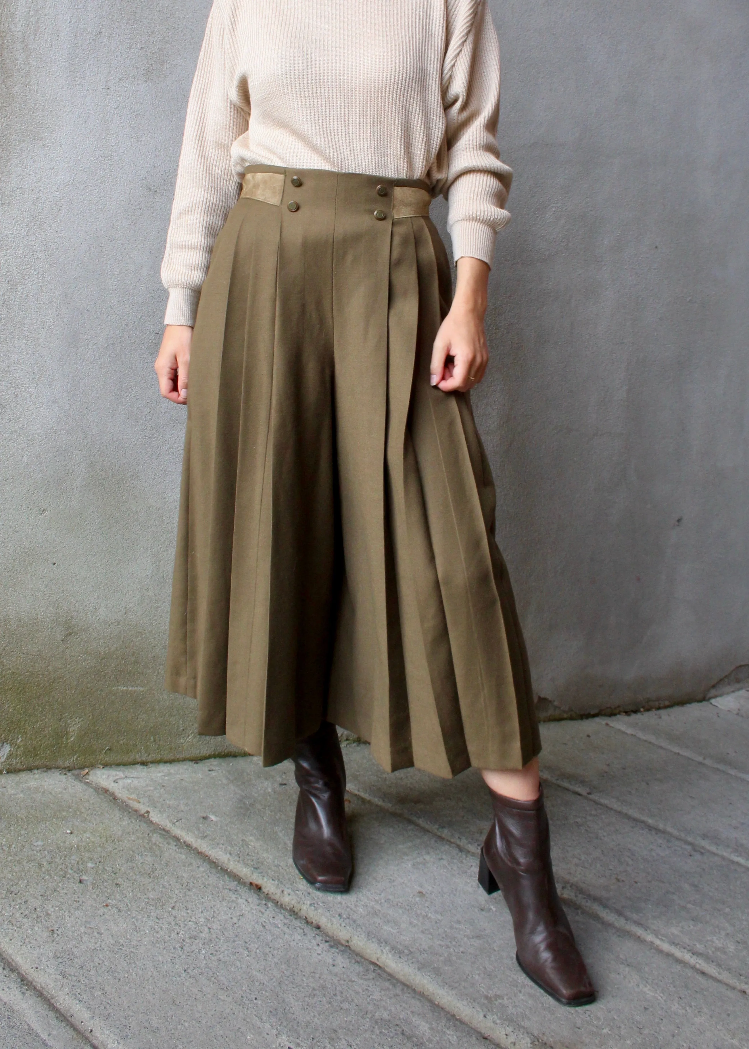 80s Olive Wool Pleated Culottes - 27