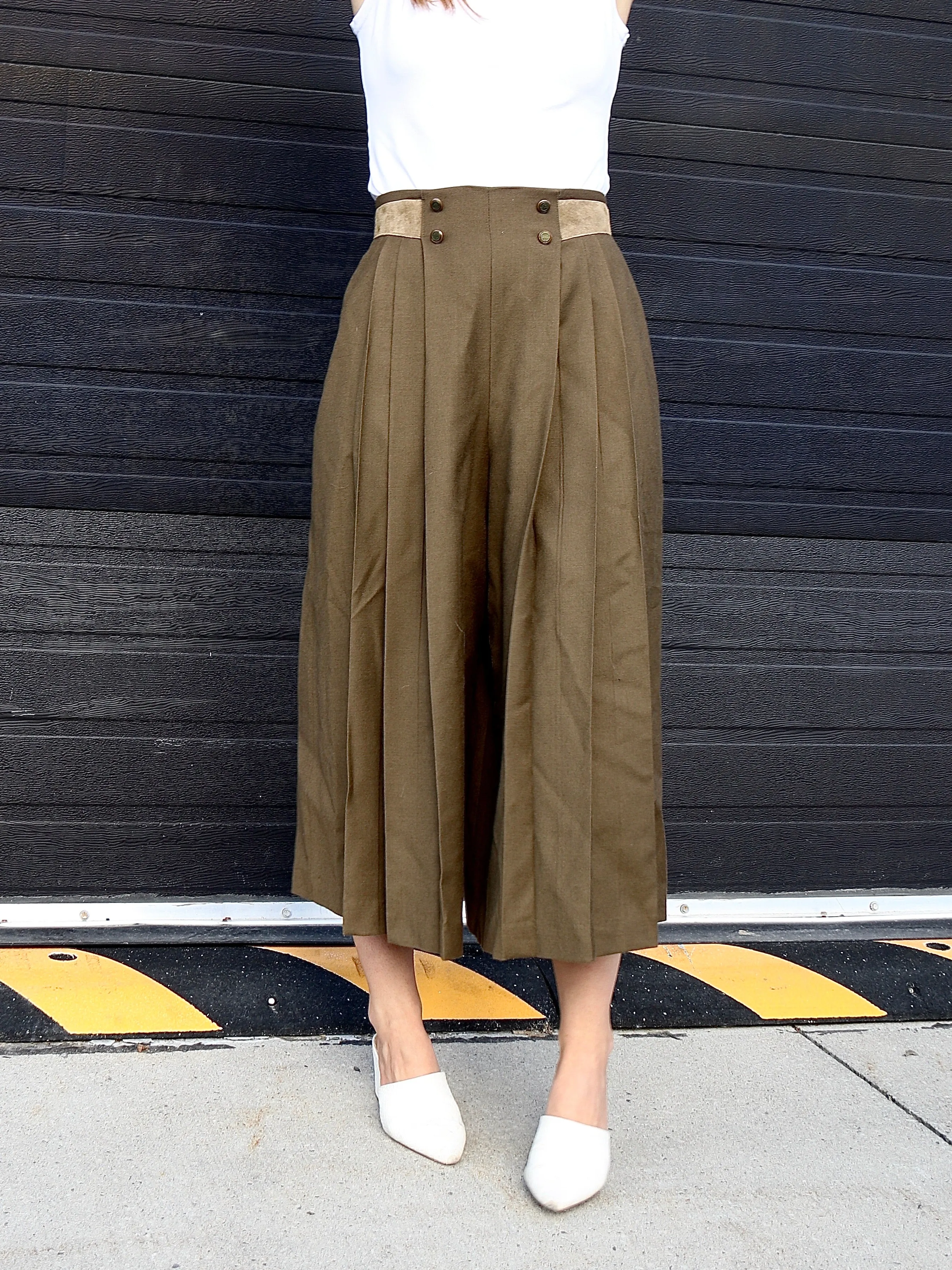 80s Olive Wool Pleated Culottes - 27