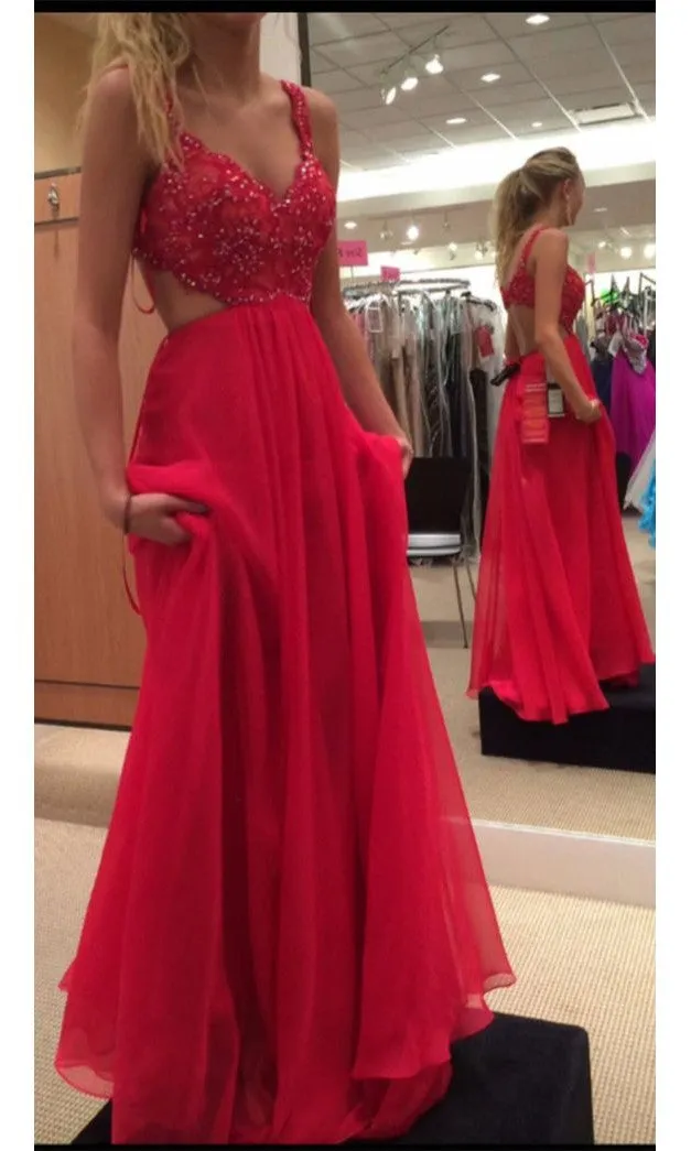 A line Sexy Open Back Red Prom Dress