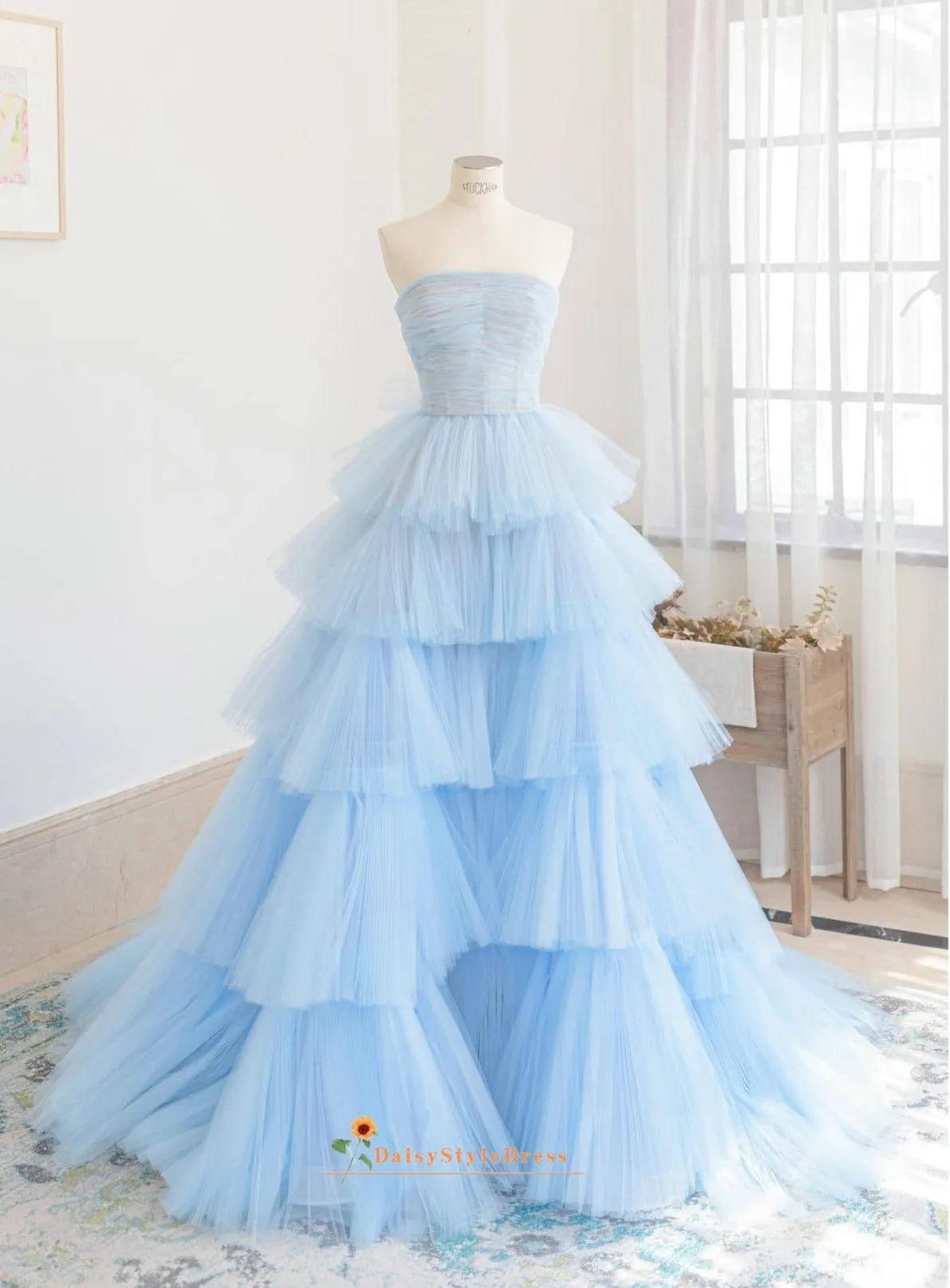 Ball Gown Light Blue Ruffle Skirt Prom Dress