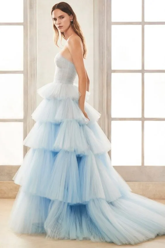 Ball Gown Light Blue Ruffle Skirt Prom Dress