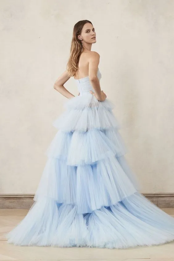 Ball Gown Light Blue Ruffle Skirt Prom Dress