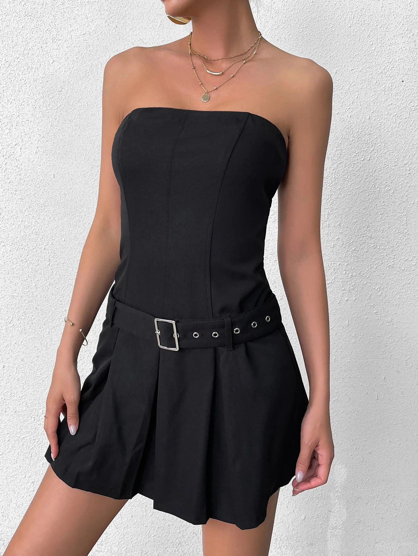 Belt Pleated Bodycon Tube Dress