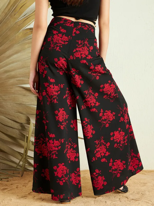 Berrylush Women Black & Red Floral Printed High-Rise Waist Slip-On Wide-Leg Regular Culottes Trousers