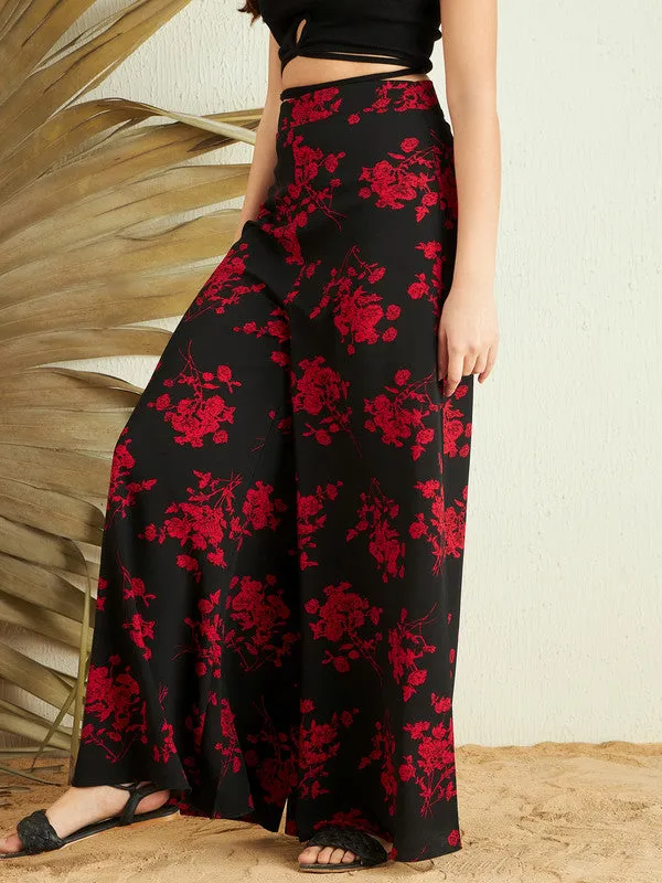 Berrylush Women Black & Red Floral Printed High-Rise Waist Slip-On Wide-Leg Regular Culottes Trousers