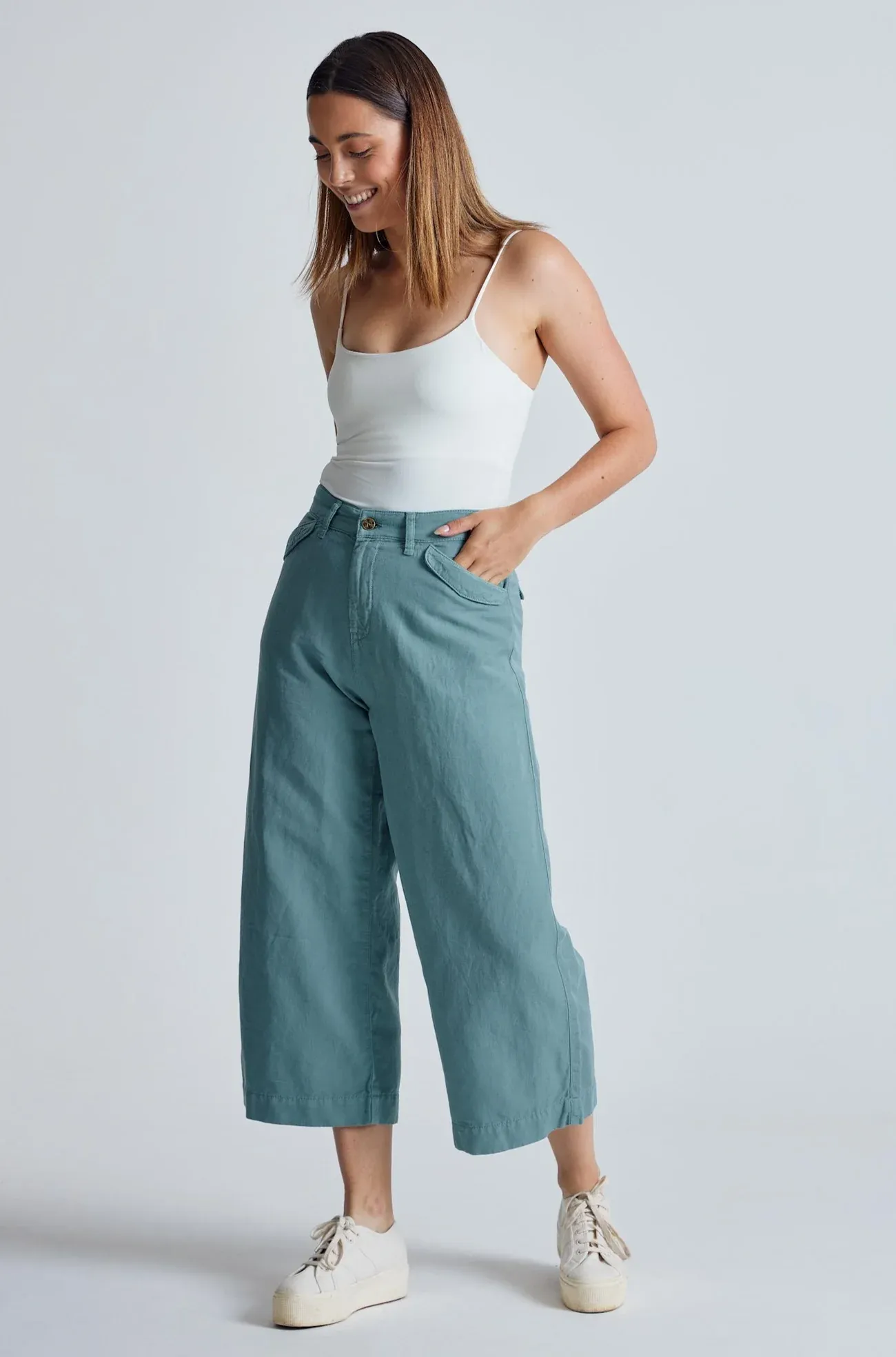 Betty Wide Leg Culottes in Retro-Blue  - GOTS Organic Cotton & Linen