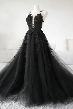 Black Tulle Lace Long Prom Dress, A-Line Black Evening Party Dress