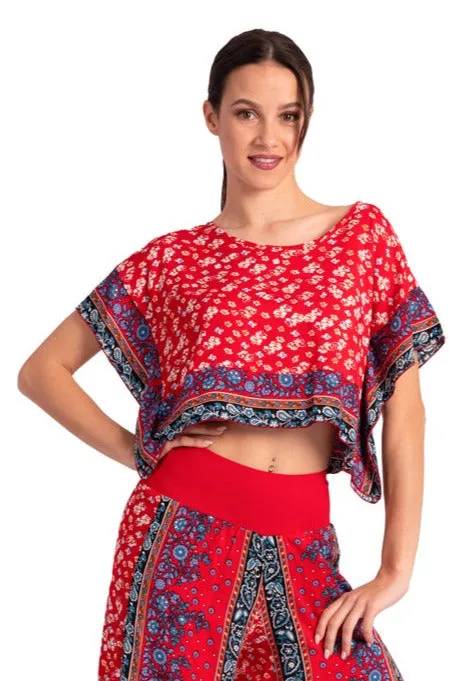 Bright Red Floral Print Boxy Co-ord Crop Top