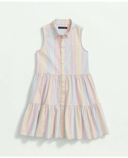 Brooks Brothers Girls Cotton Stripe Tiered Shirt Dress Pink