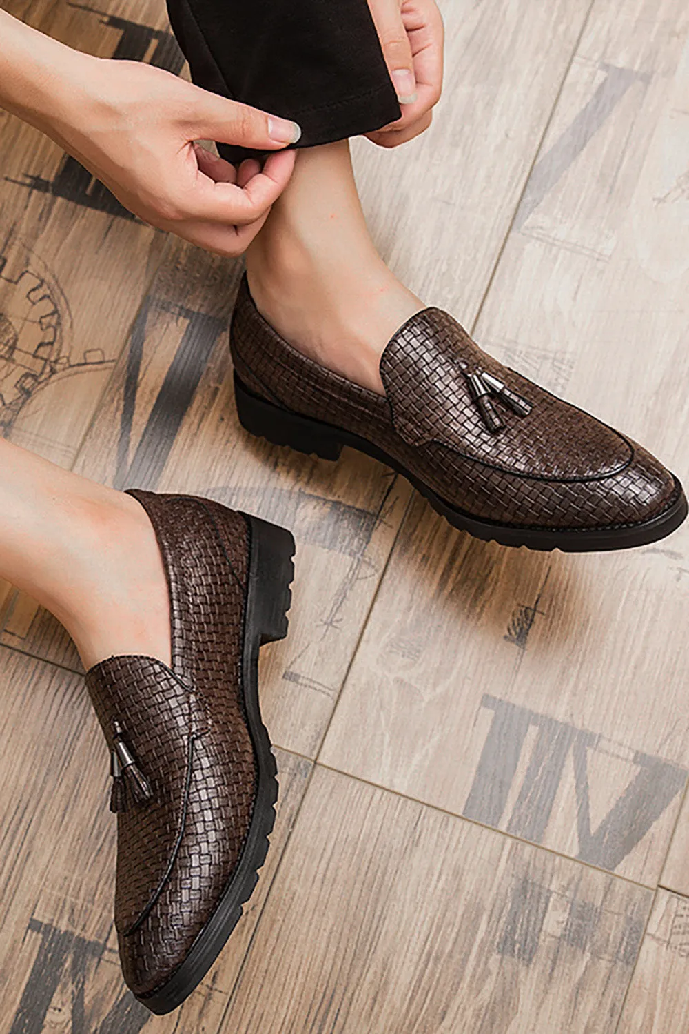 Brown Leather Slip-On Fringe Men's Shoes