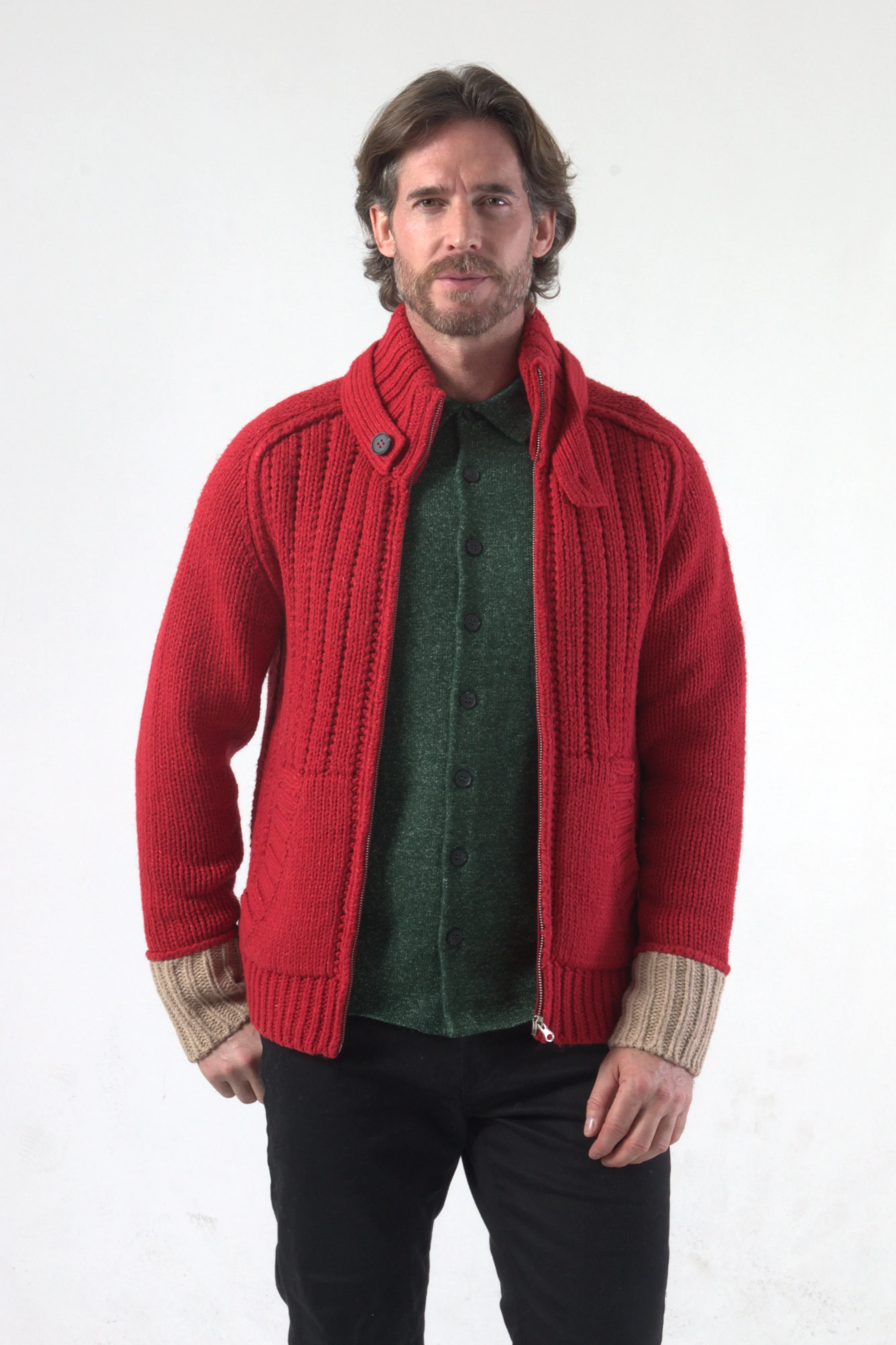 Chunky Drop Stitch Fancy Rib Panel Knit Cardigan Bomber Jacket