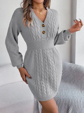 Classic Buttoned Cable-Knit V-Neck Sweater Dress