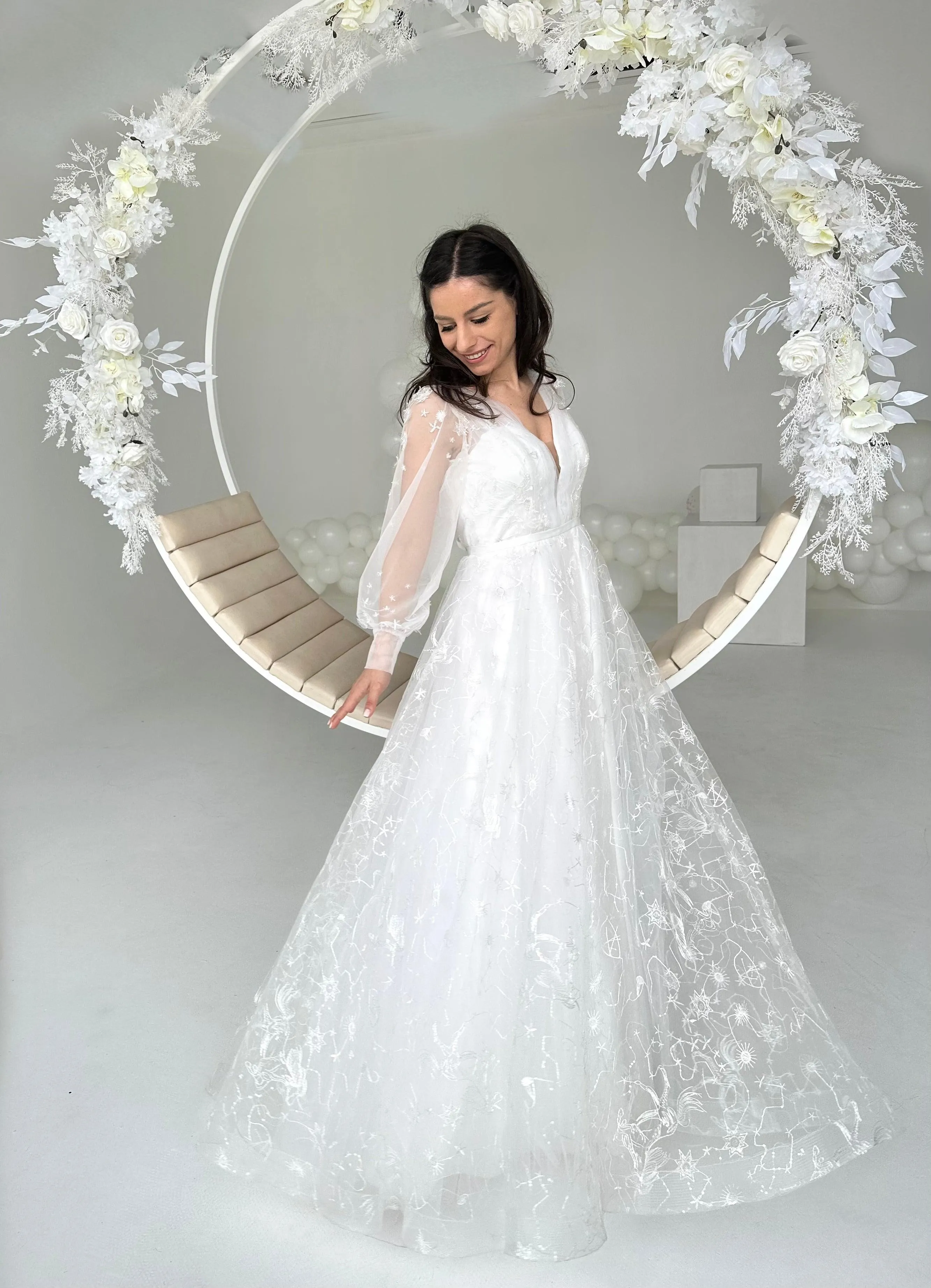 CLEARANCE | Celestial Stars Moon wedding dress with long sleeves