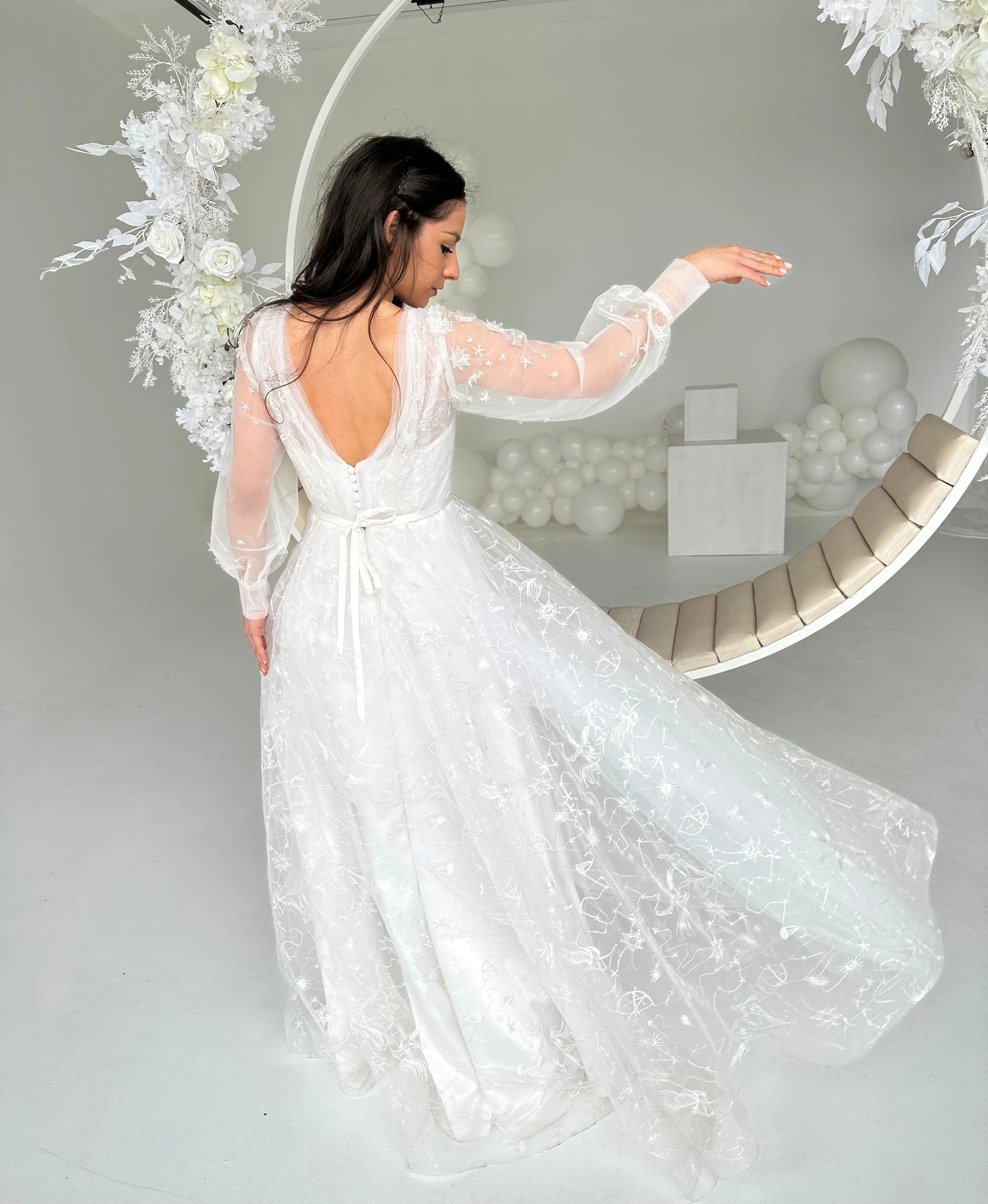 CLEARANCE | Celestial Stars Moon wedding dress with long sleeves