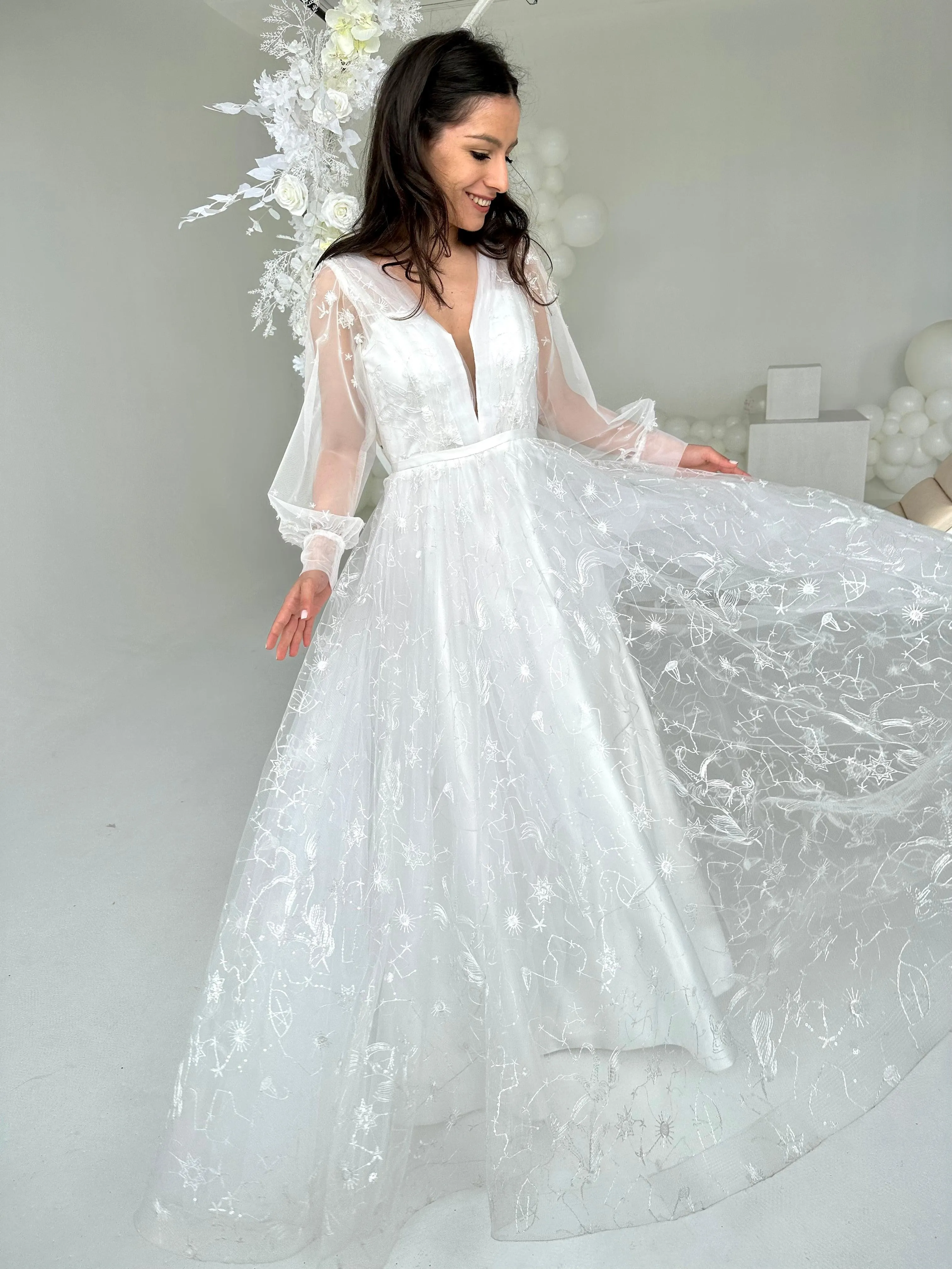 CLEARANCE | Celestial Stars Moon wedding dress with long sleeves