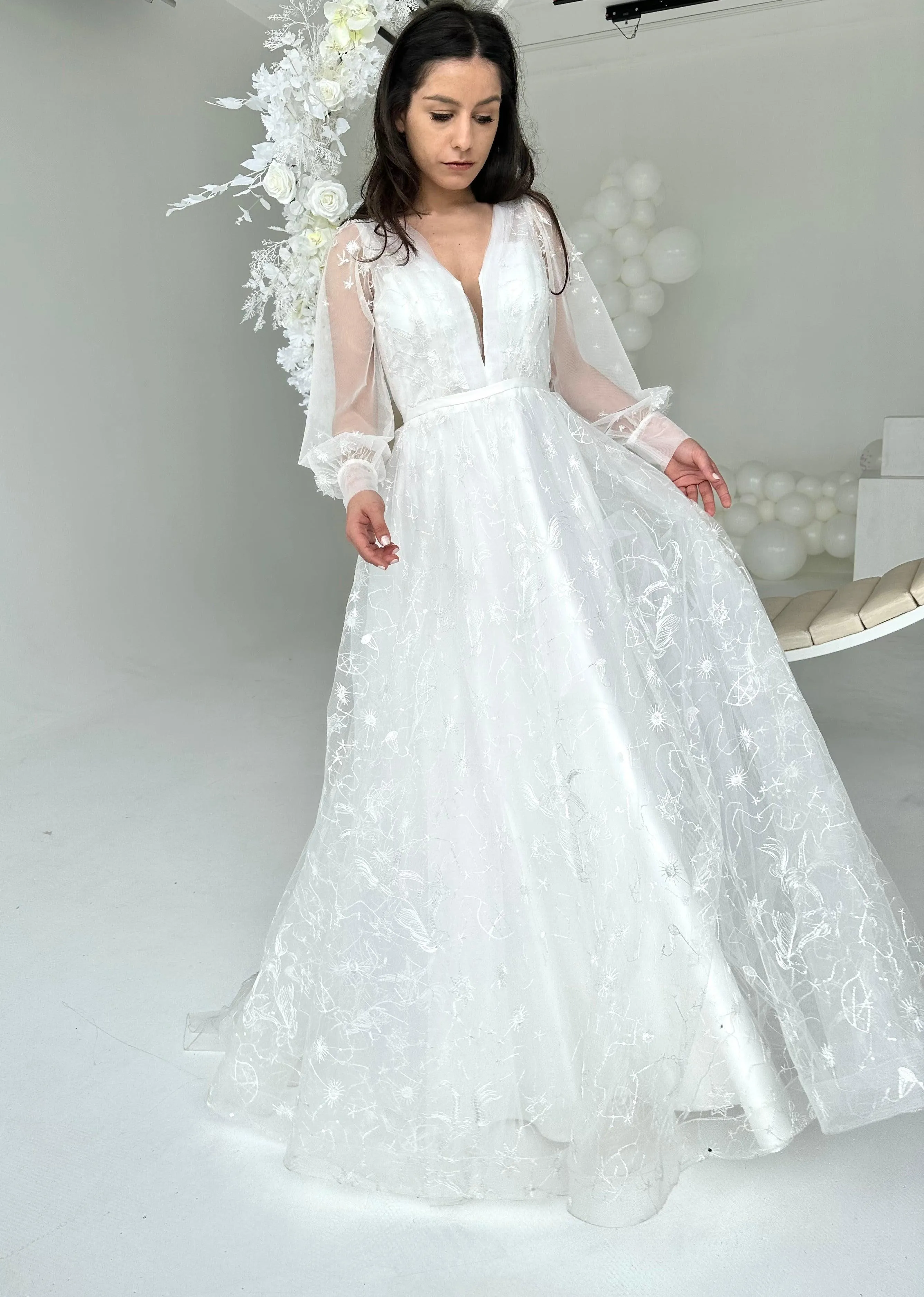 CLEARANCE | Celestial Stars Moon wedding dress with long sleeves