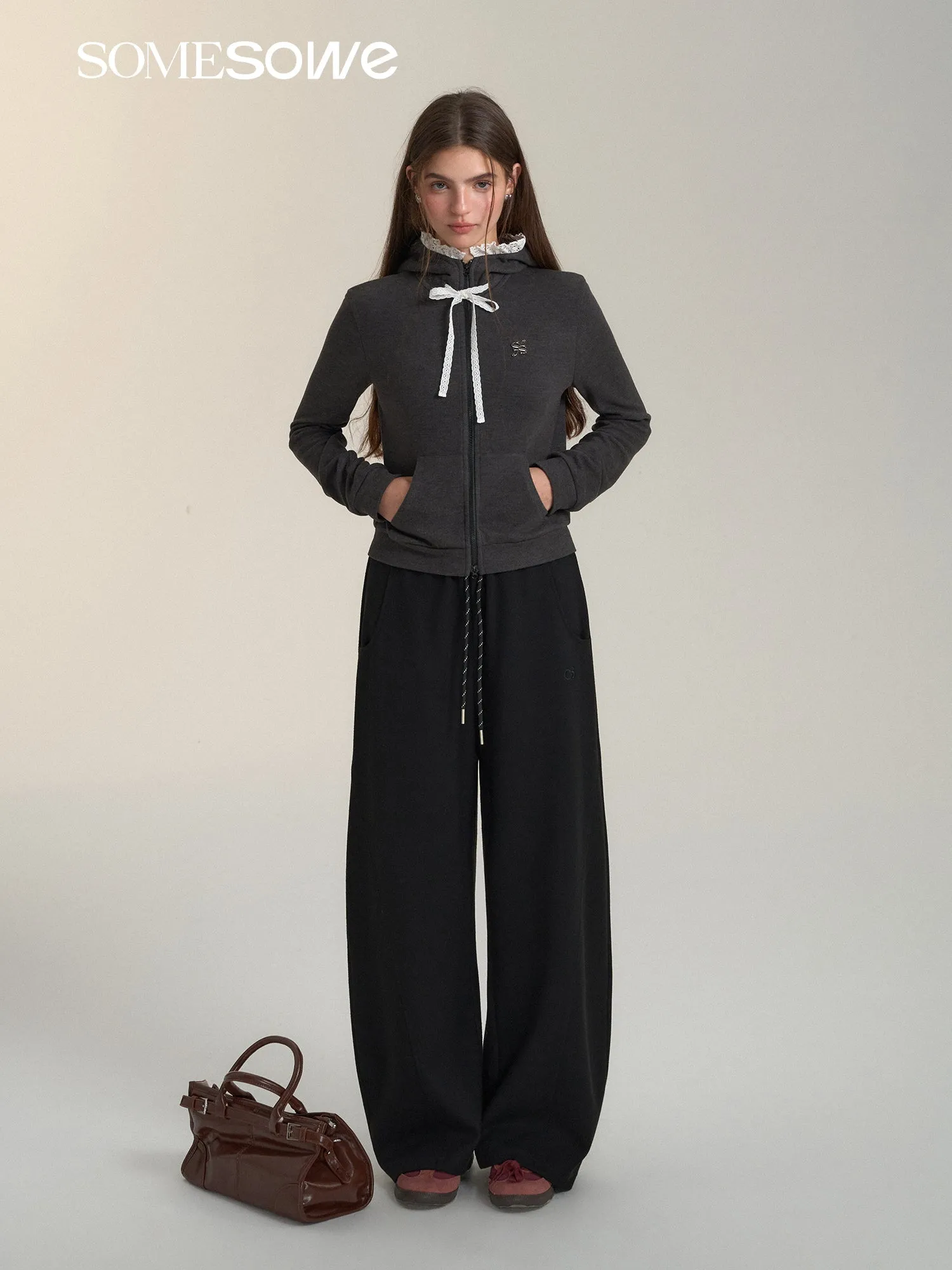 Contrast Drawstring Wide-leg Pants In Black