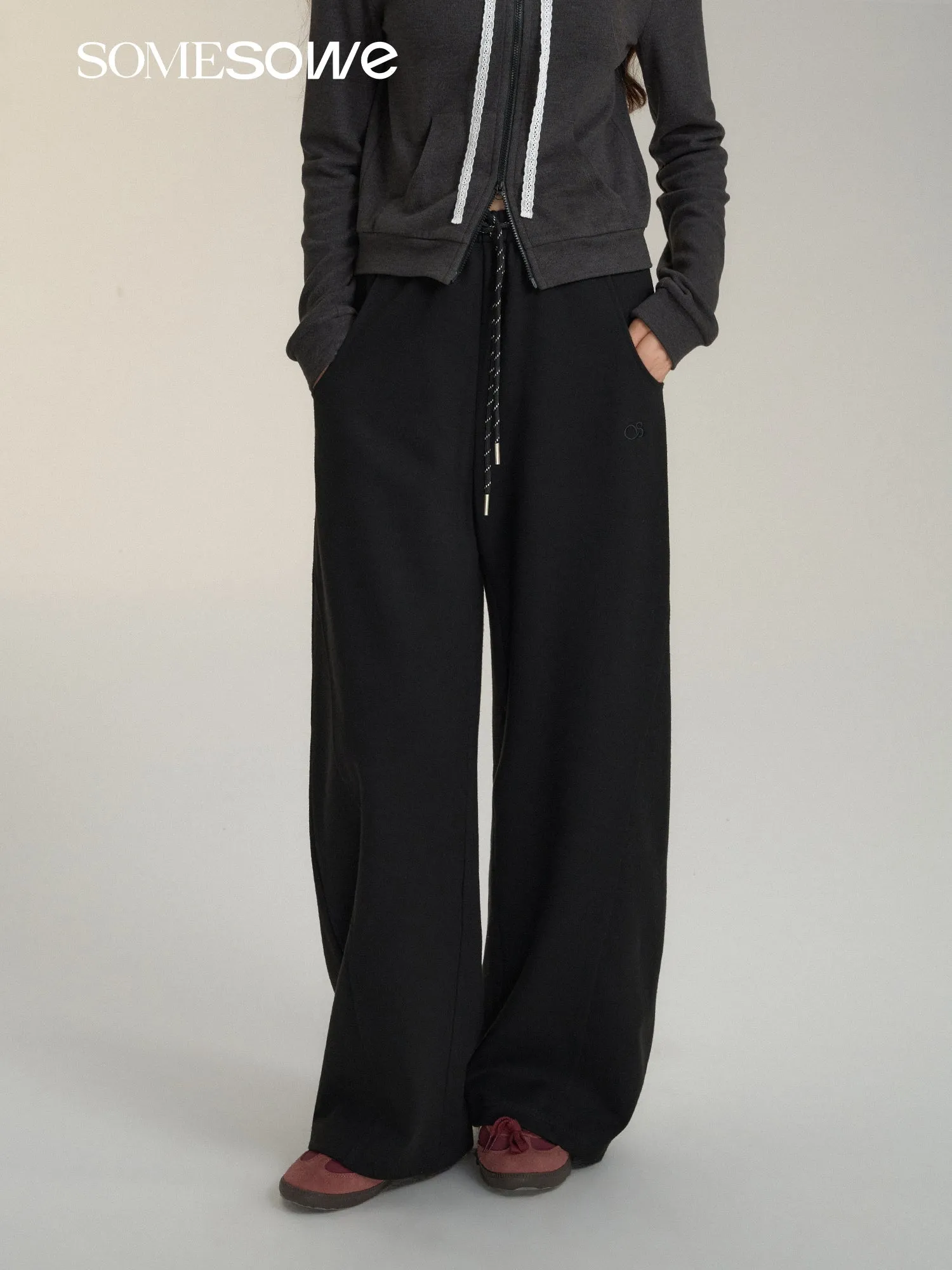 Contrast Drawstring Wide-leg Pants In Black