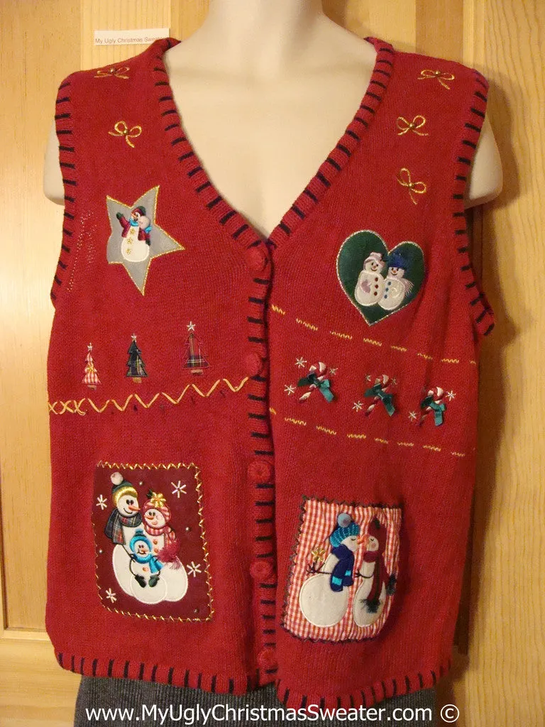 Crafty Patchwork Themed Tacky Christmas Sweater Party Ugly Sweater Vest with Snowmen in Love  (f929)