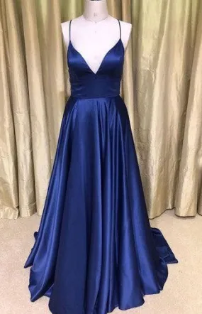 Criss Cross Back Long Navy Blue Prom Dress