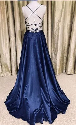 Criss Cross Back Long Navy Blue Prom Dress