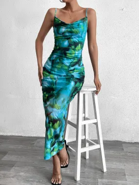 Cut Out Draped Neck Mesh Print Dress