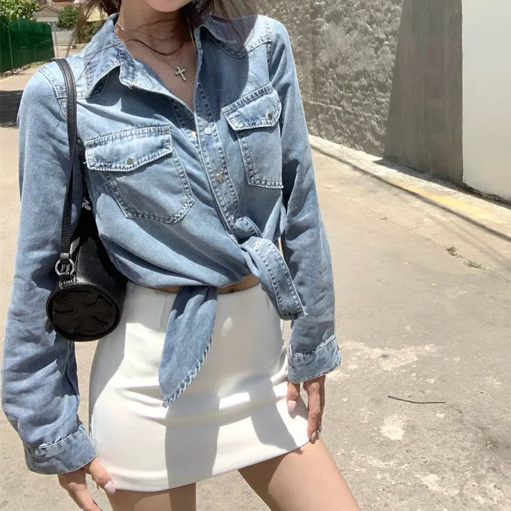 Denim Shirt Retro Coat White Anti-Exposure Culottes Short Skirt