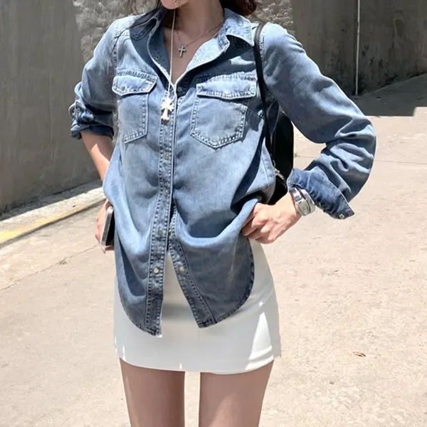 Denim Shirt Retro Coat White Anti-Exposure Culottes Short Skirt