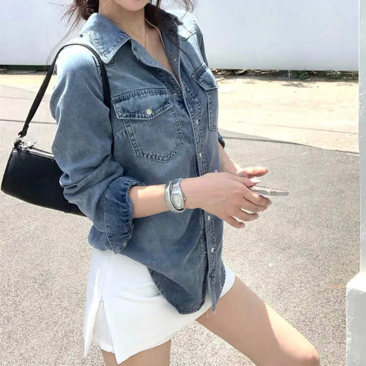 Denim Shirt Retro Coat White Anti-Exposure Culottes Short Skirt