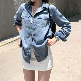 Denim Shirt Retro Coat White Anti-Exposure Culottes Short Skirt