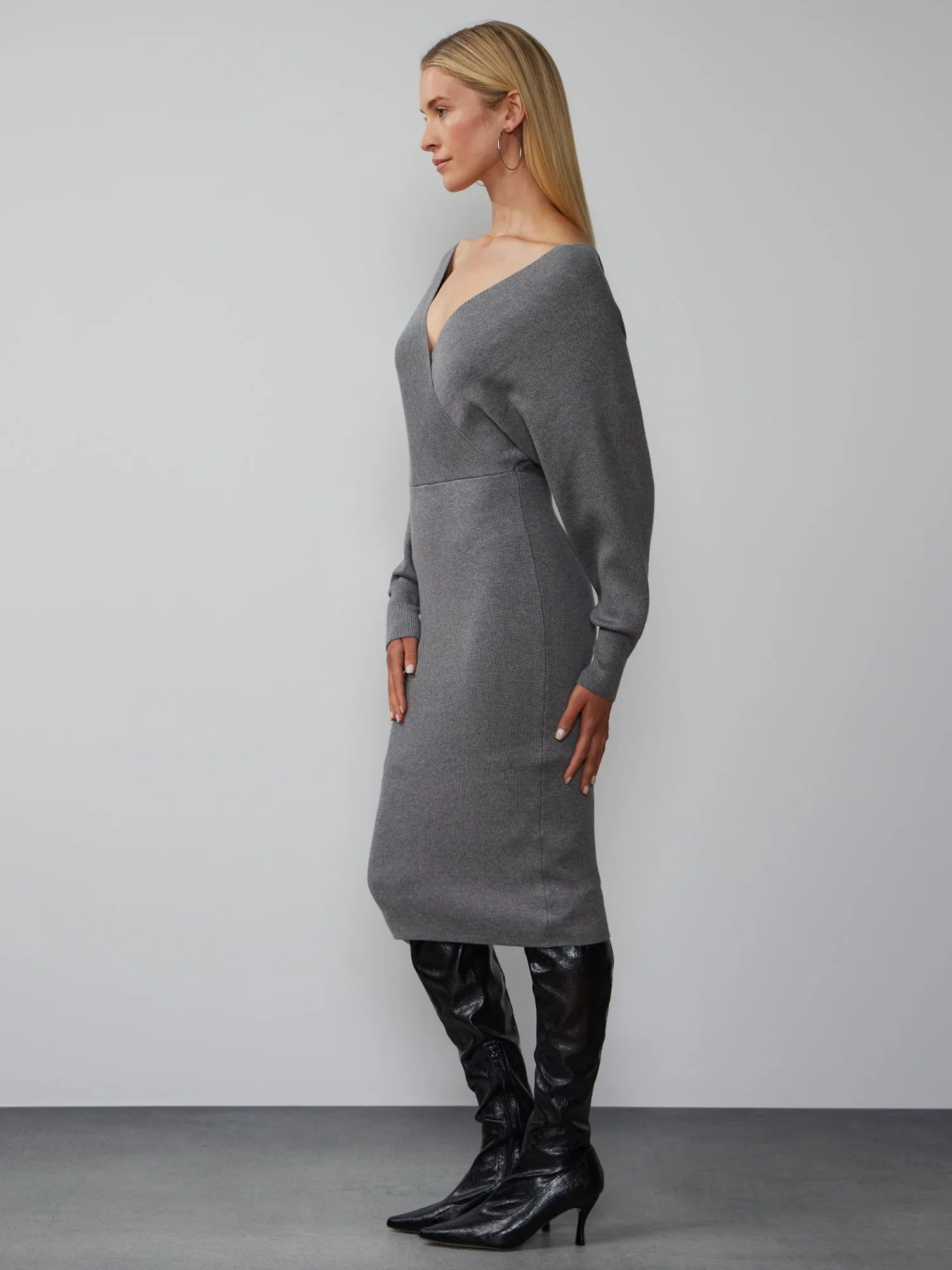 Dolman Sleeve Wrap Neck Sweater Dress