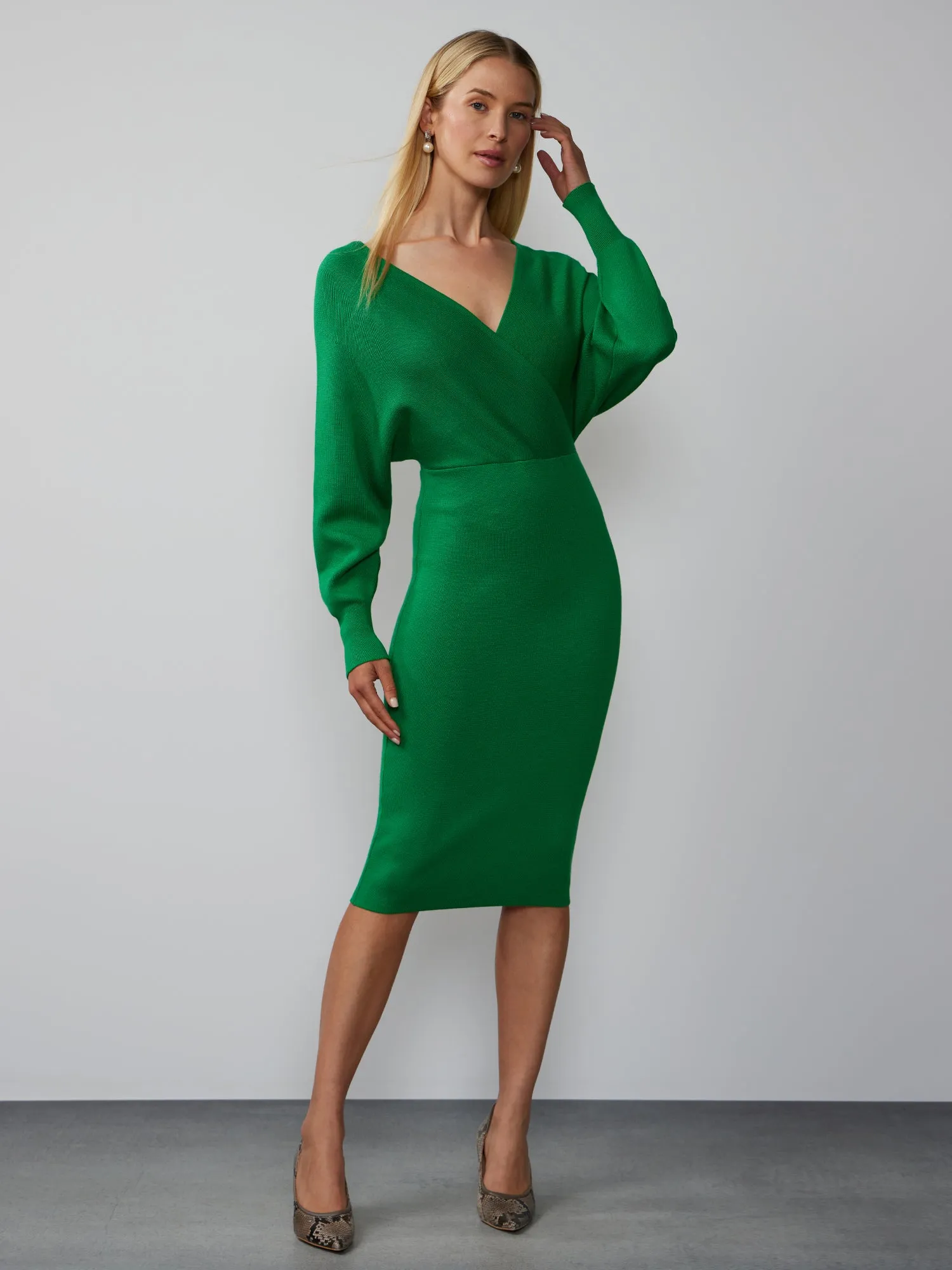 Dolman Sleeve Wrap Neck Sweater Dress