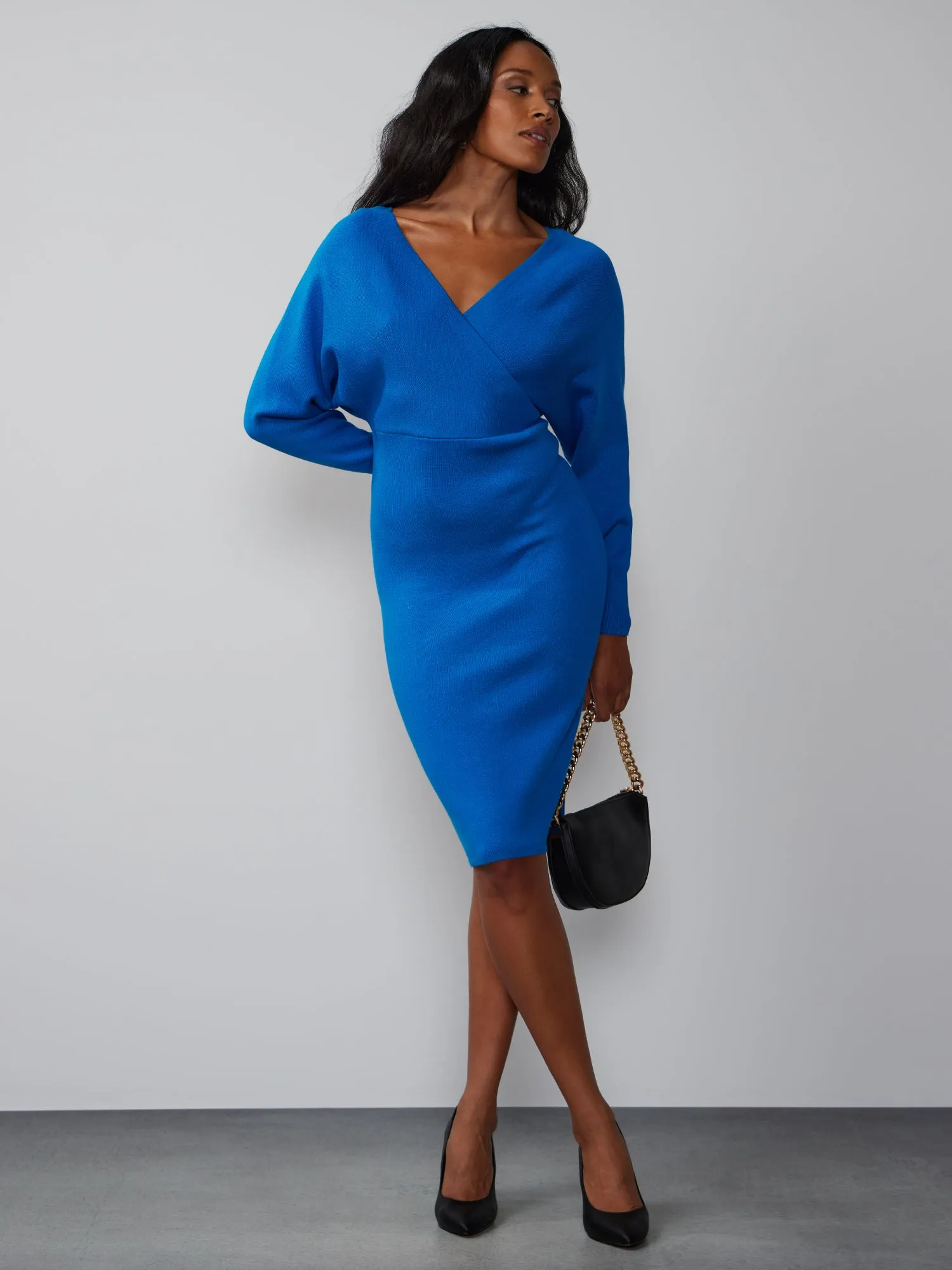 Dolman Sleeve Wrap Neck Sweater Dress