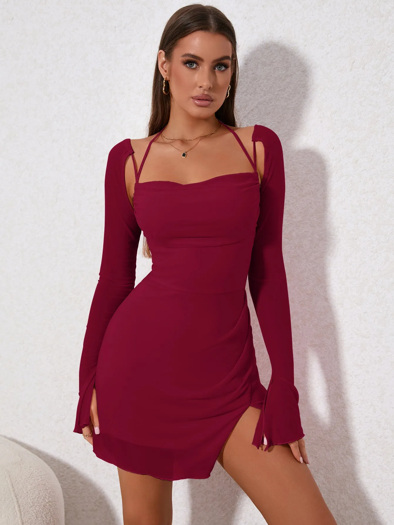 Draped Front Flounce Sleeve Ruched Side Split Hem Mesh Dress