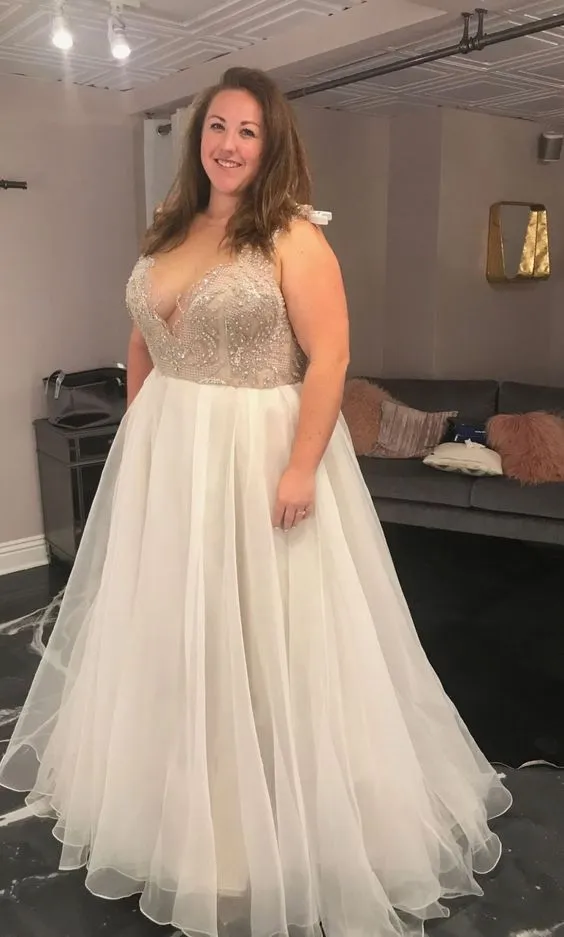 Elegant V-neckline Beaded Plus Size Wedding Dress