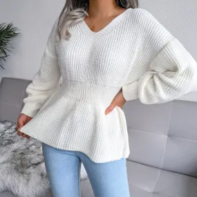 Fashion Lantern Sleeve Hem Ruffle Knitted Sweater Wholesale