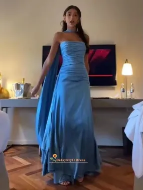 Fashion Strapless Blue Prom Dress