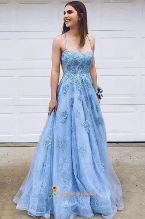 Full Length Blue Lace Prom Dress