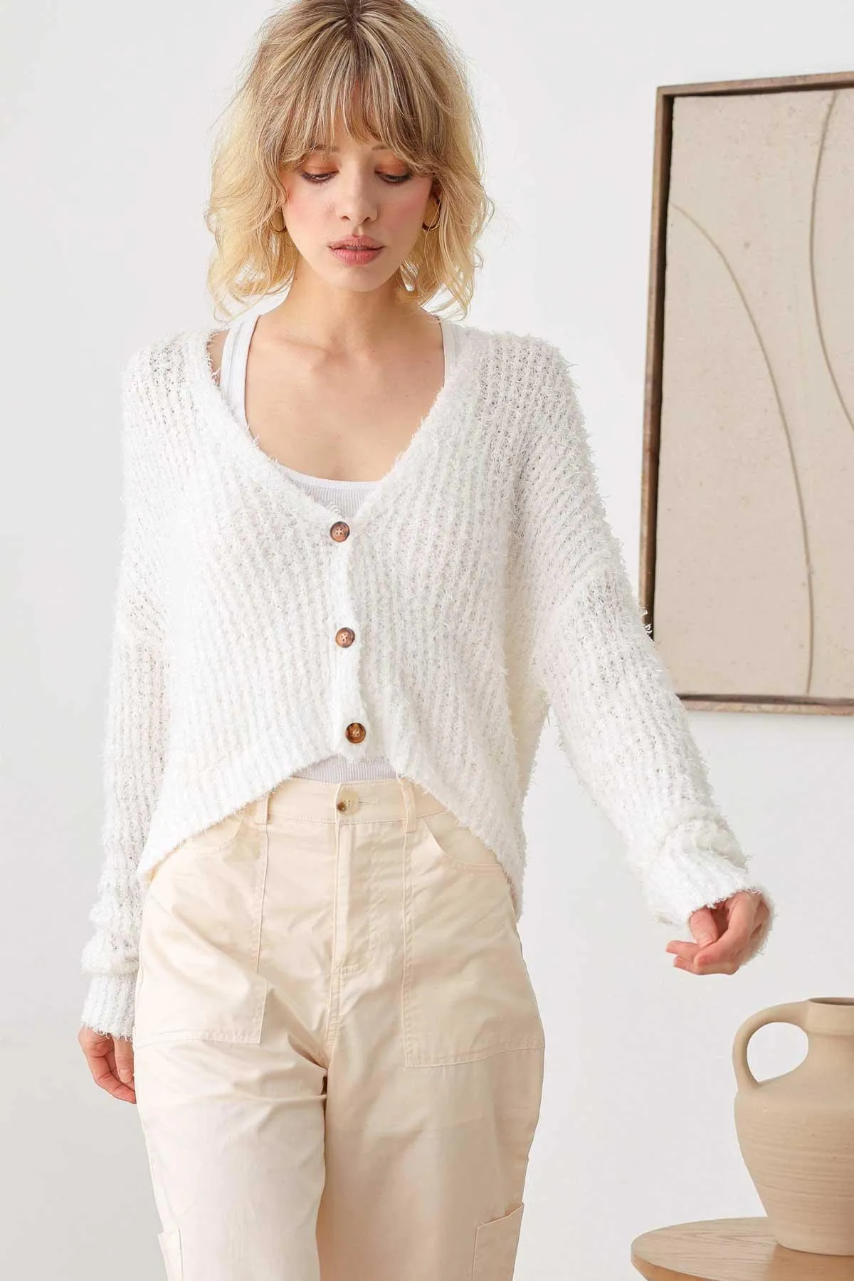 Fuzzy Button Up Long Sleeve Crop Cardigan Top