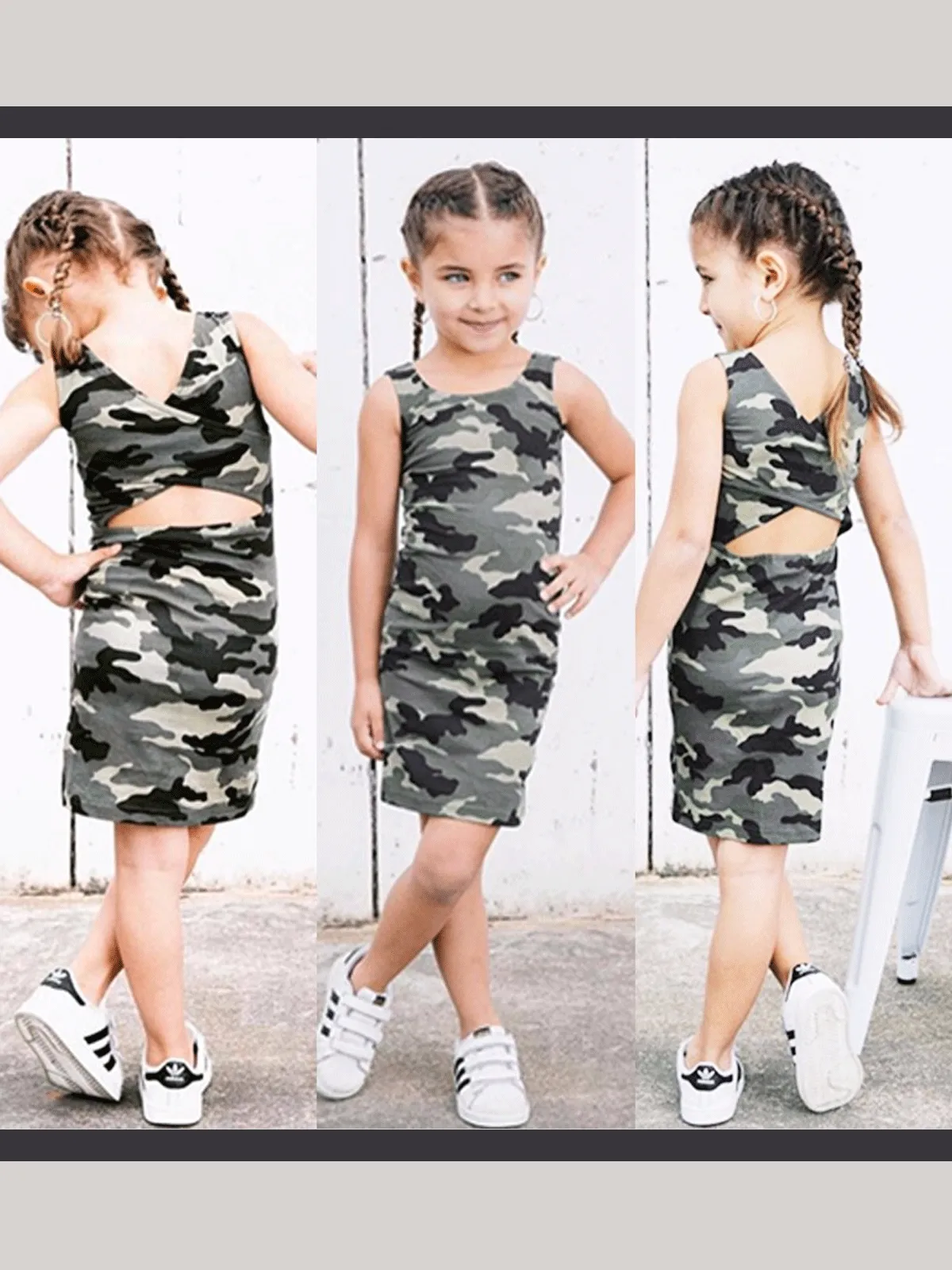 Girls Camo Print T-Shirt Dress with Criss Cross Back